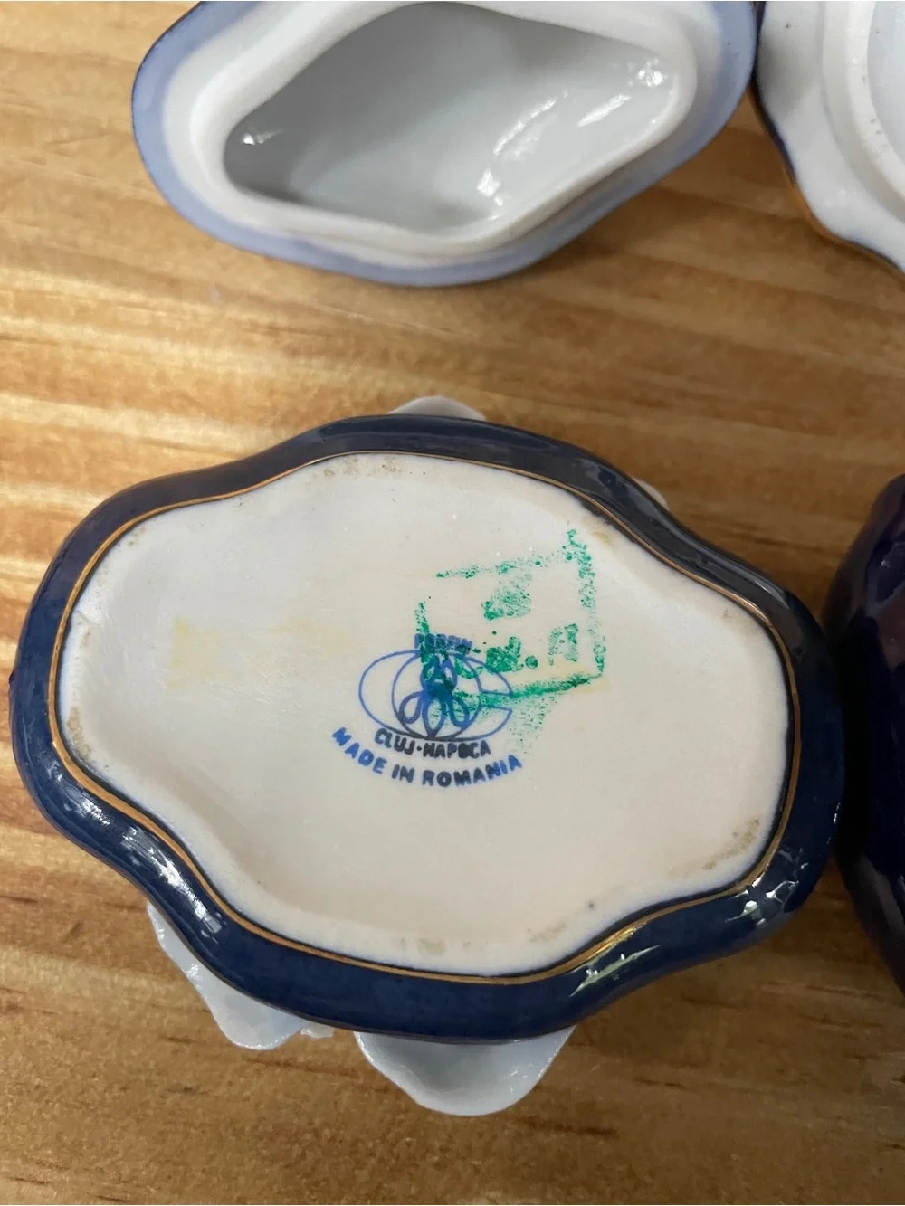 Blue Romanian Porcelain Trinket Boxes with Pink Floral Lids